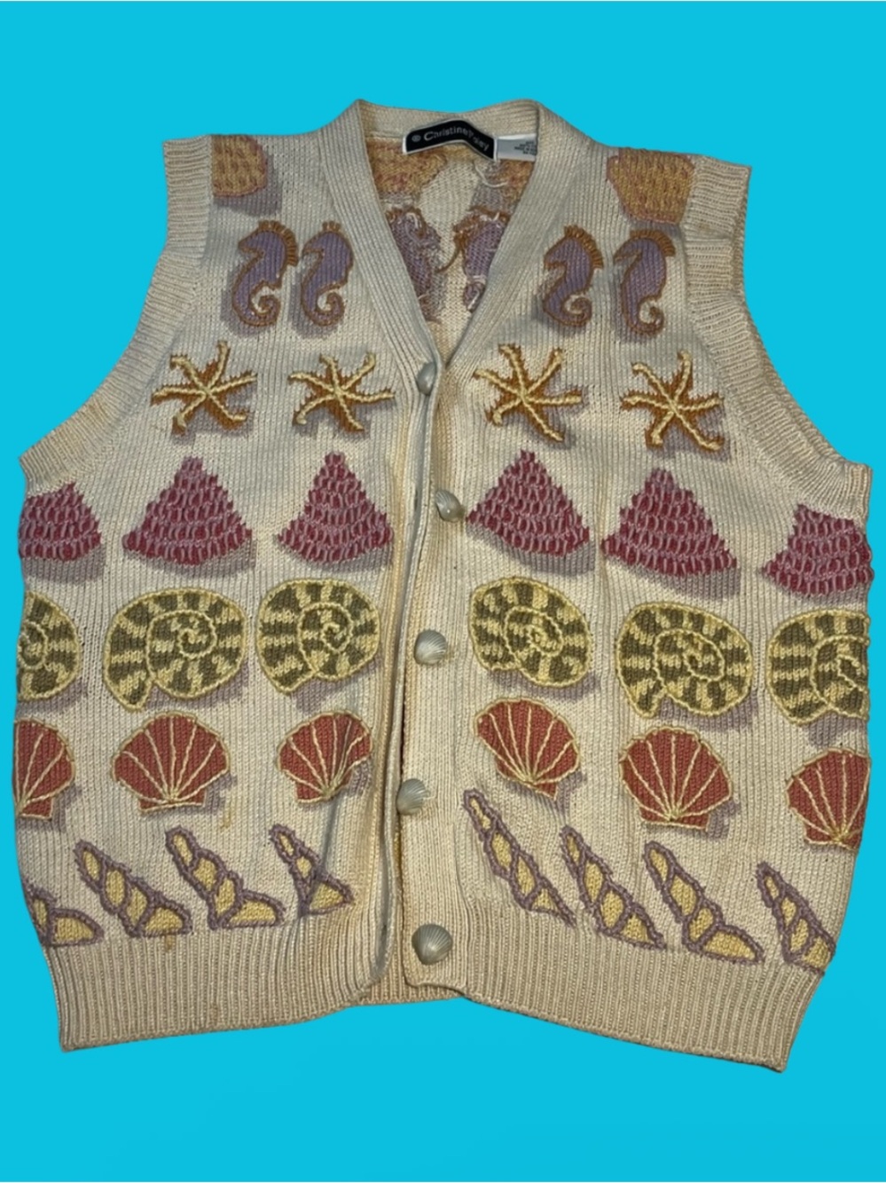 Vtg Christine Foley Women’s Small Embroidered Knit Sweater Vest Beach Sea Shell